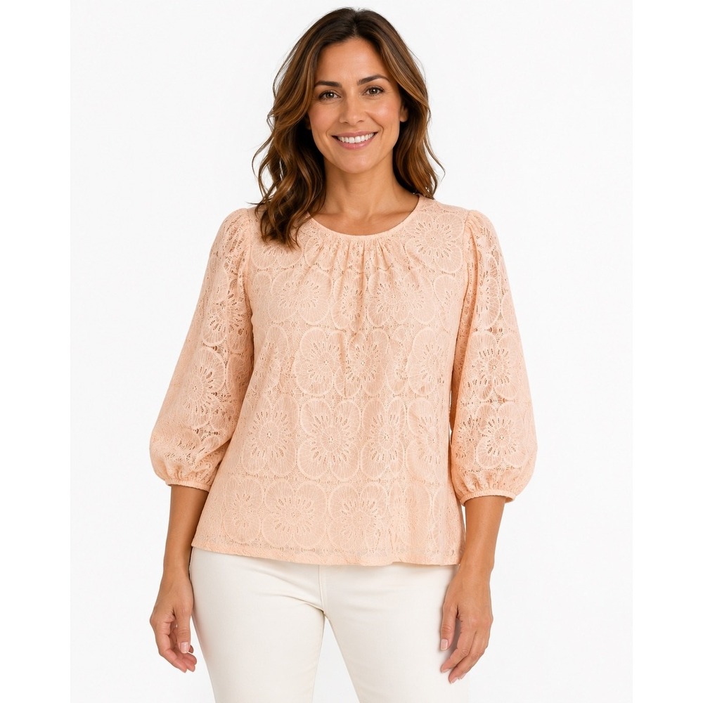 NWT Sampeel Peach Floral Lace 3/4 Puff Sleeve Blouse Women XXL Pink Top
